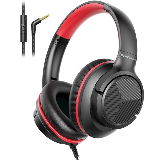 Auriculares Botesty Sound con cable y micrófono para colocar sobre la oreja, color negro y rojo