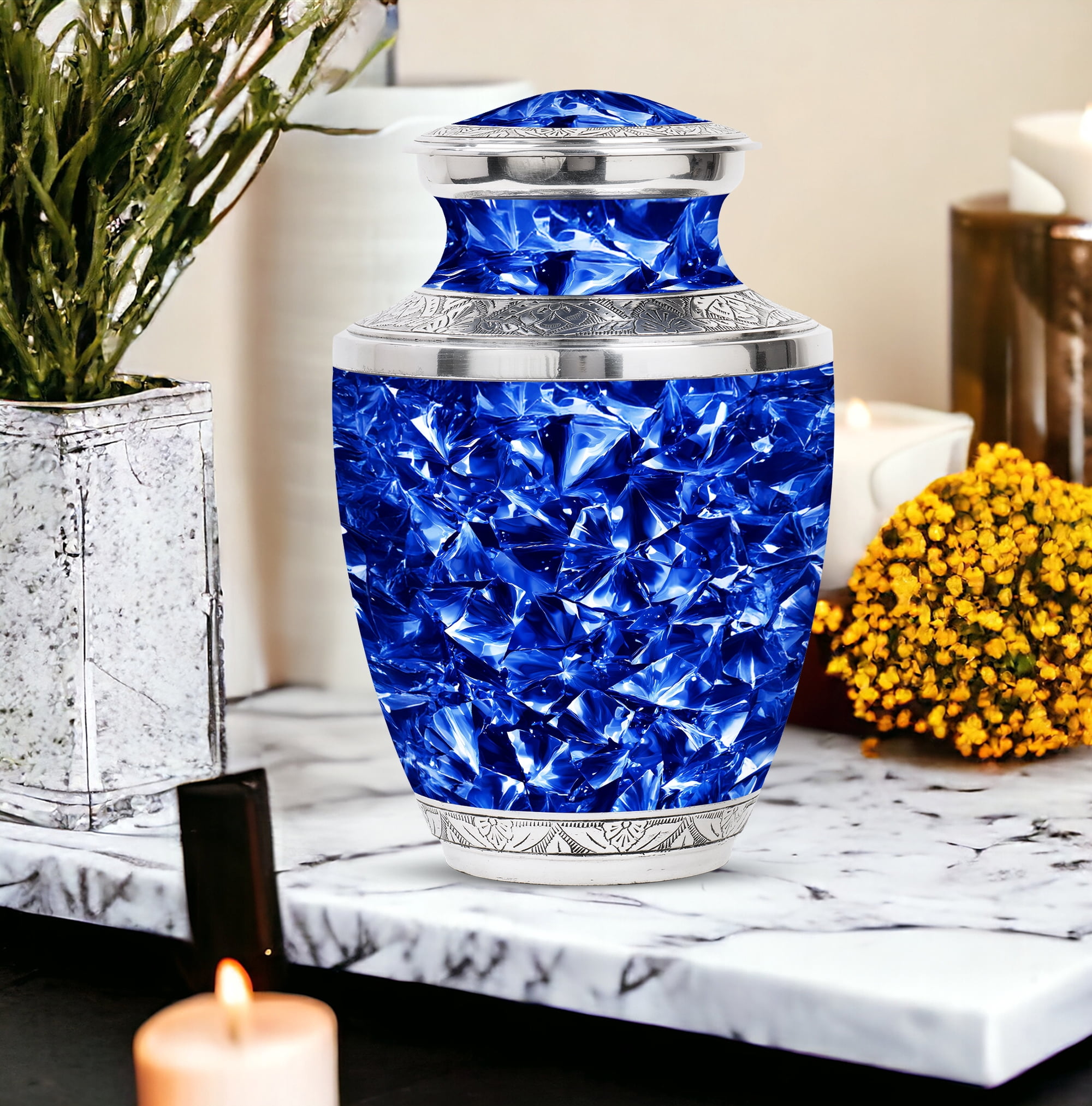 MUKTIVE Crystal Abstract Memorial Urns for Adult Male - Funeral Urn for Ashes for Women - Large Blue Urn for Brother & Sister - Burial Urns for Adult Human Ashes for Cremation - 10 Inch