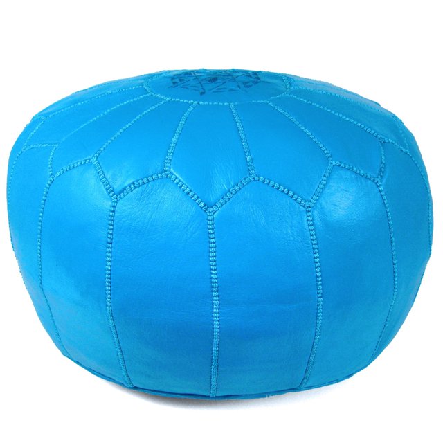 Mina Stuffed Moroccan Leather Pouf Ottoman, 20" Diameter and 13" Height (Turquoise)