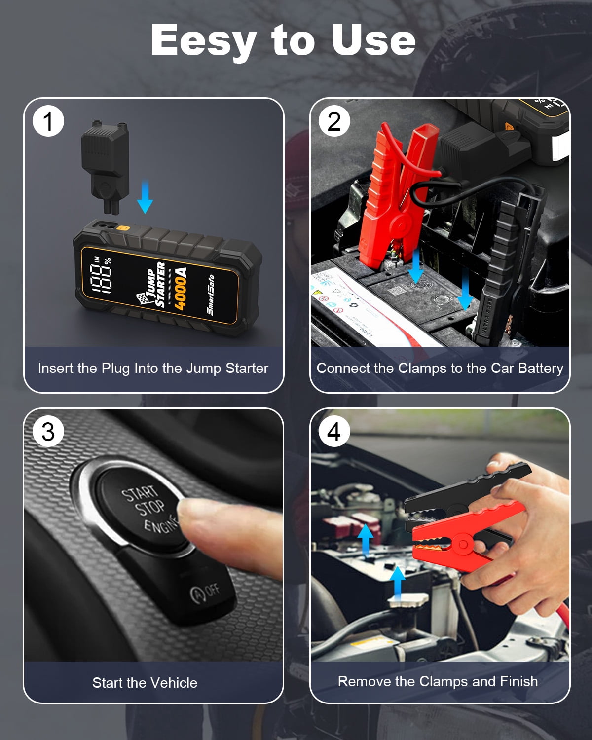 Car Battery Jump Starter Portable  4000A Car Jumper Battery Pack For Up To 10.0l Gas And 8.0l Diesel Engines 12v Jump Box With Usb Ports, Lcd Display Storage Case