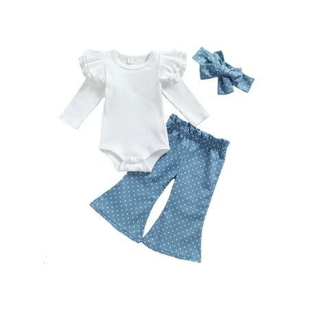 

3Pcs Newborn Baby Girls Casual Outfits Ribbed Fly Sleeve Round Neck Romper Dot Print Flared Pants Bowknot Headband
