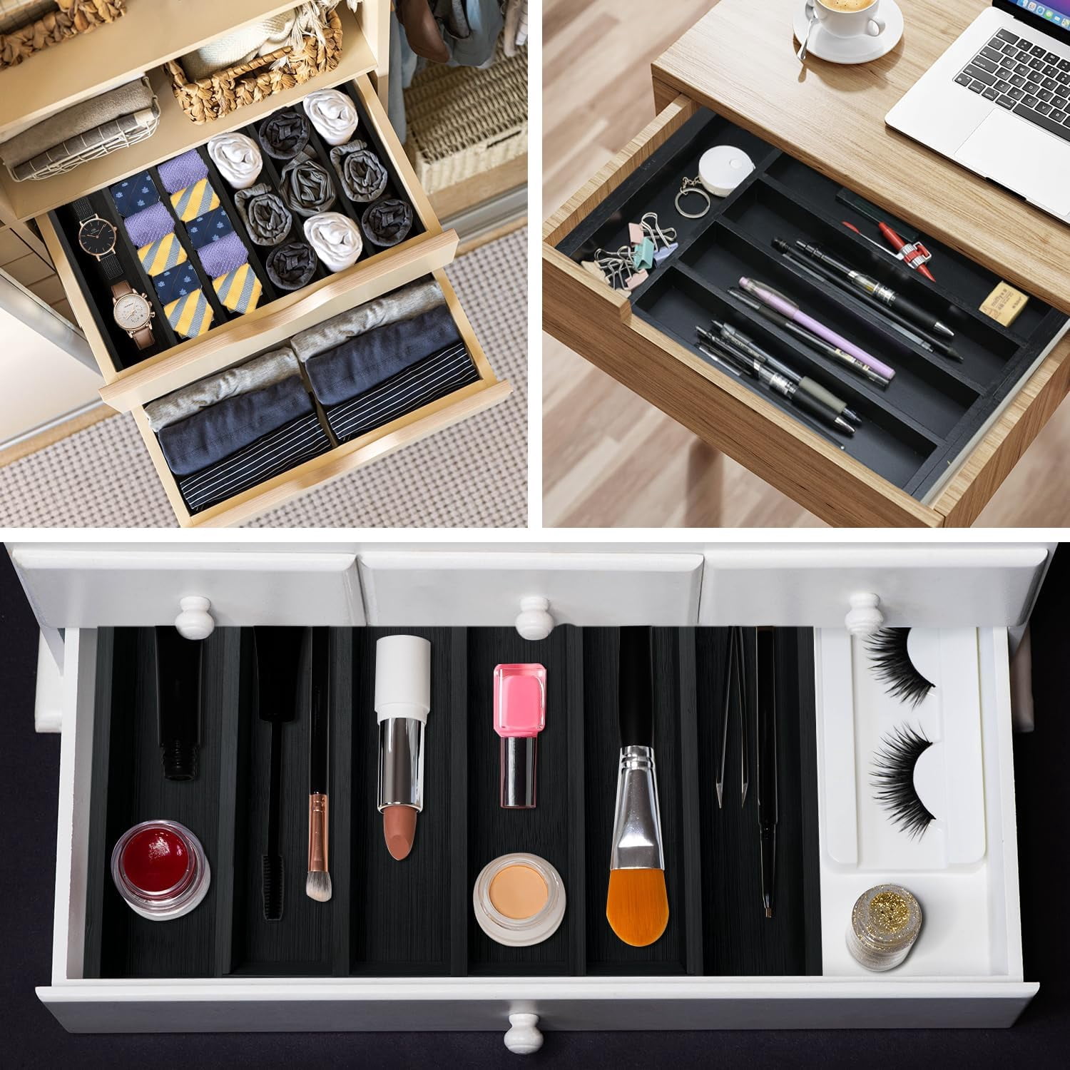 Bamboo Kitchen Drawer Organizer Tray Black Expandable Spoon Silverware Organizer Large Utensil Holder Drawers Divider Adjustable Cutlery Flatware Organizers for Drawer Wood Utensil Silverware Tray