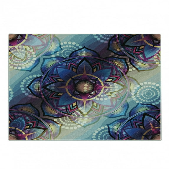 Lotus Cutting Board, Gradient Diagonal Mystic Geometric Alchemy Trippy Motif Ornaments, Decorative Tempered Glass Cutting and Serving Board, Small Size, Multicolor, by Ambesonne