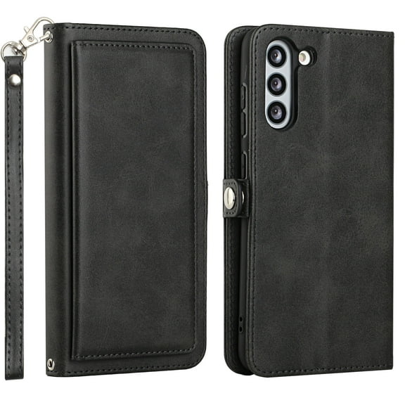 For Samsung Galaxy S21 FE 5G / SM-G990 Card Slots Multipe Flip Folio Kickstand Magnetic Closure Leather Wallet Wrist Strap Women Men Case Cover Black