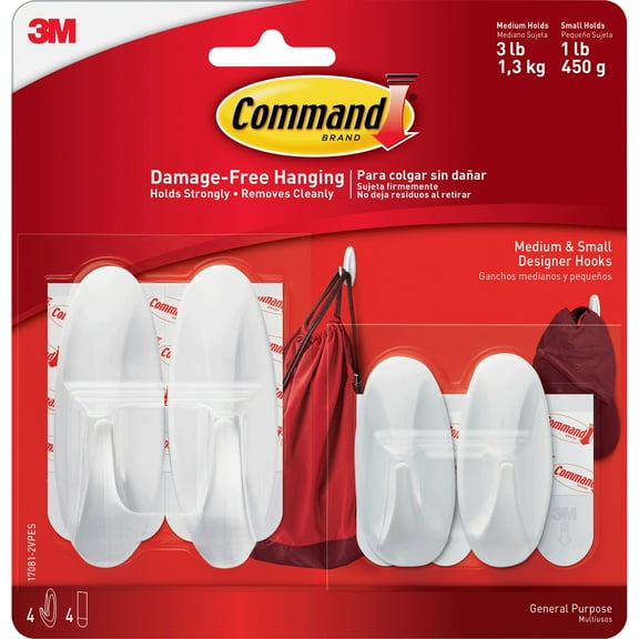 Command, MMM170812VPES, Small/Medium Designer Hook Value Pack, 4 / Pack, White