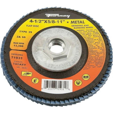 

Forney 4-1/2 In. X 5/8 In.-11 60-Grit Type 29 Blue Zirconia Angle Grinder Flap Disc