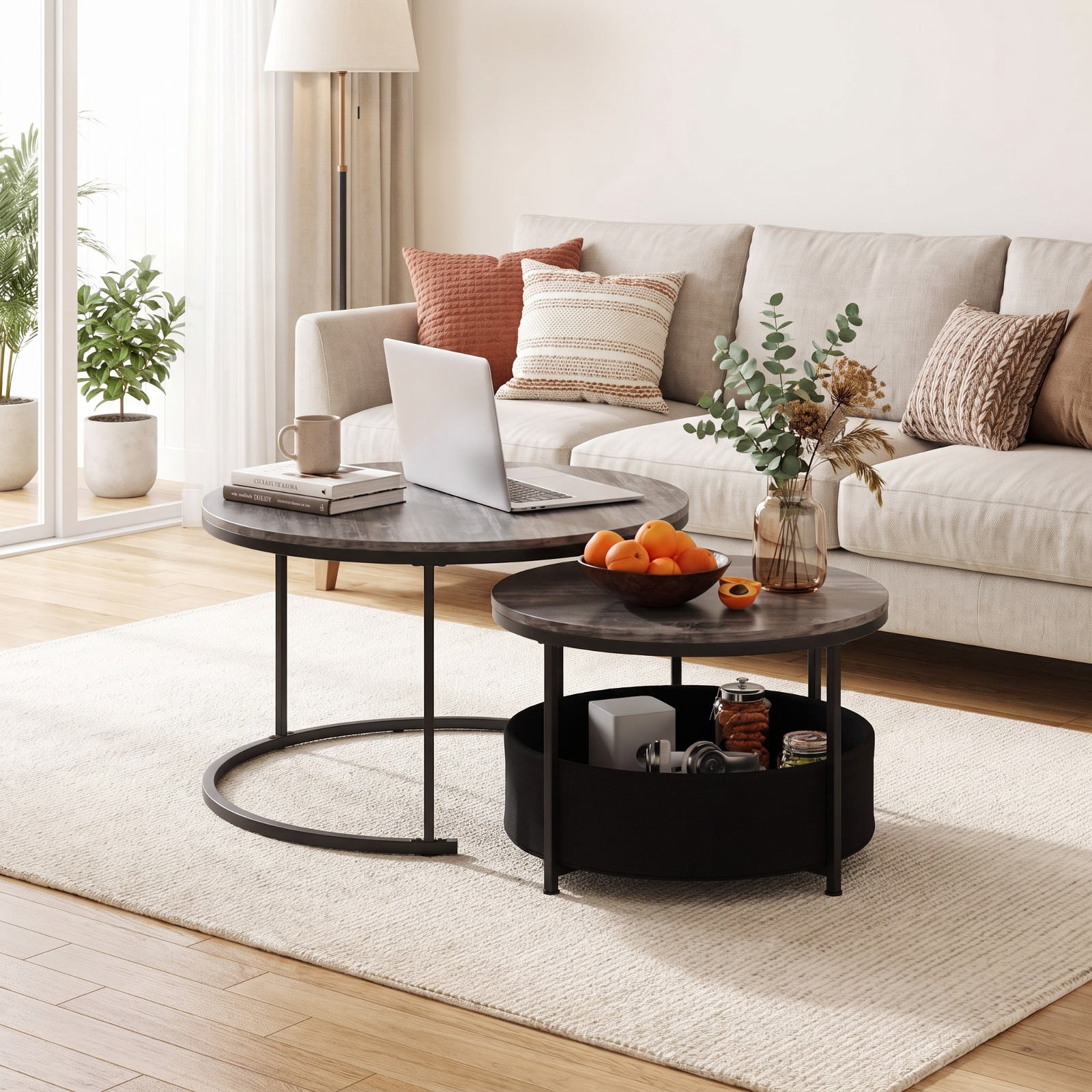 Furnibear Round Coffee Table Set of 2 Nesting Cocktail Tables with Fabric Storage Basket for Living Room and Bedroom, Gray
