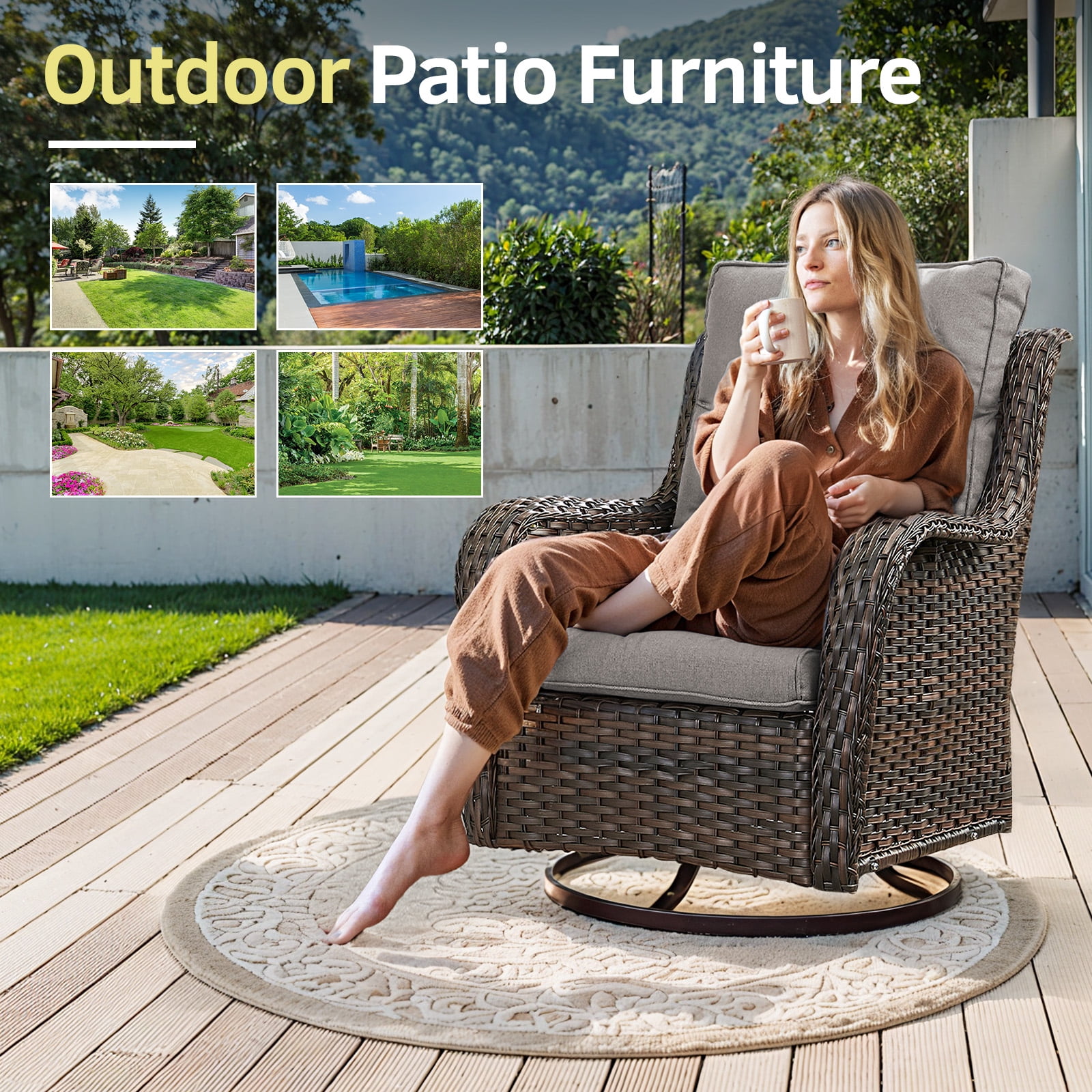 Gymojoy 4 Pieces Outdoor Patio Wicker Furniture Conversation Set All Weather High-Back Outdoor Swivel Chairs Patio Glider with Ottoman for Backyard