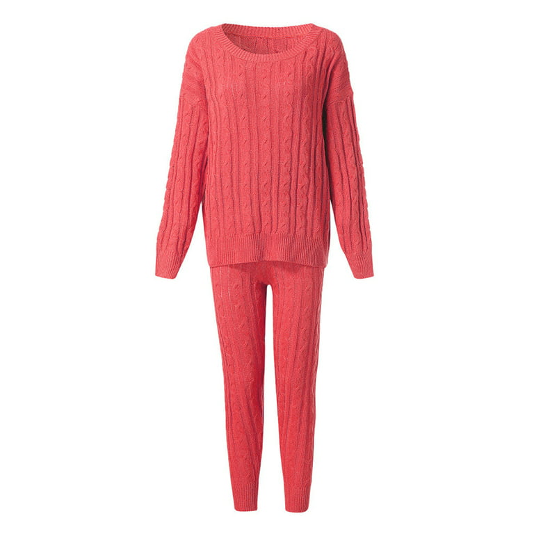 Womens Solid Color Off Shoulder Long Sleeve Cable Knitted Warm Two-Piece  Long Pants Sweater Suit Set Tietoc