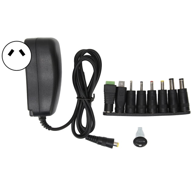 M Buder Adaptador de Energía Universal 30W 100-240V con 8 Puntas Intercambiables DC Puerto USB Voltaje Regulable para Múltiples Dispositivos Enchufe Australiano