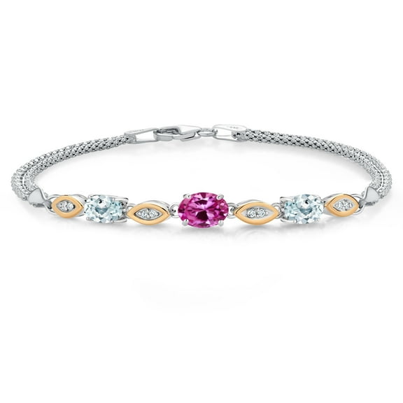 925 Silver and 10K Yellow Gold Pink Created Sapphire and Sky Blue Aquamarine and White Lab Grown Diamond Bracelet for Women (1.96 Cttw, Gemstone September Birthstone, Oval, Wheat Chain, 7 inches)