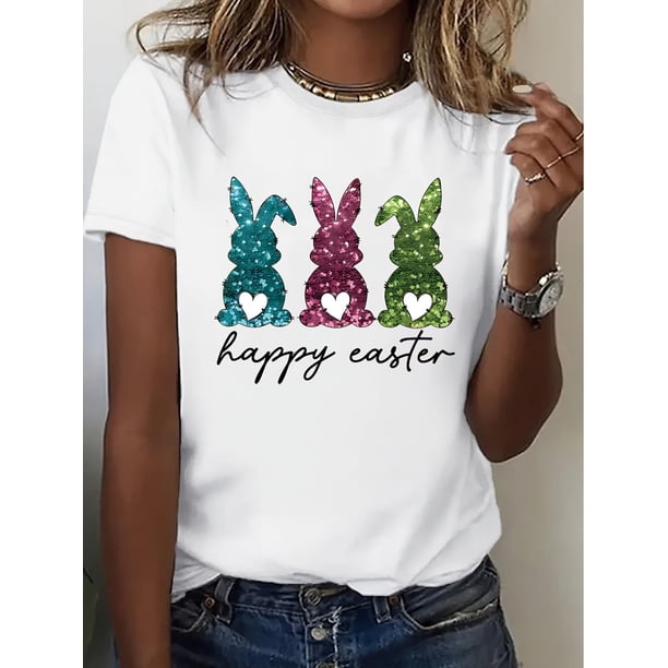 Women's Easter Bunny Graphic T-Shirt - White Crew Neck, Short Sleeve, Casual Polyester Tee with Glittery Rabbit Print and "HAPPY Easters" Text, Casual Wear | Round Neckline Top | Machine Washable Top