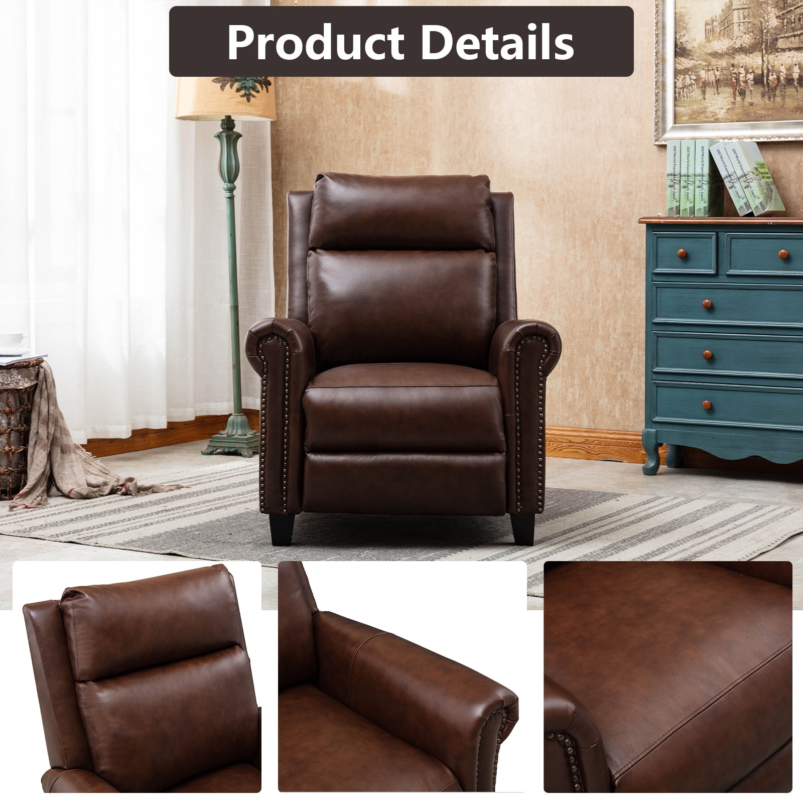 Bonzy Home Genuine leather Recliner Push Back Recline Chair with Classic and Traditional Armrests inlaid with Vintage Rivets, Brown