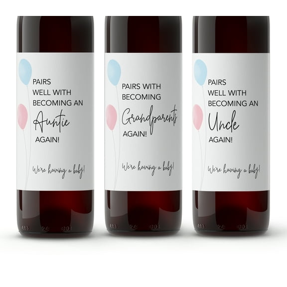 Pairs Well With Becoming Grandparents Auntie Uncle AGAIN ● SET of 6 ● GENDER NEUTRAL Pregnancy Announcement Family Friends Wine Labels Baby Announcement Label, Reveal, Alternative to Card A205-6FYA