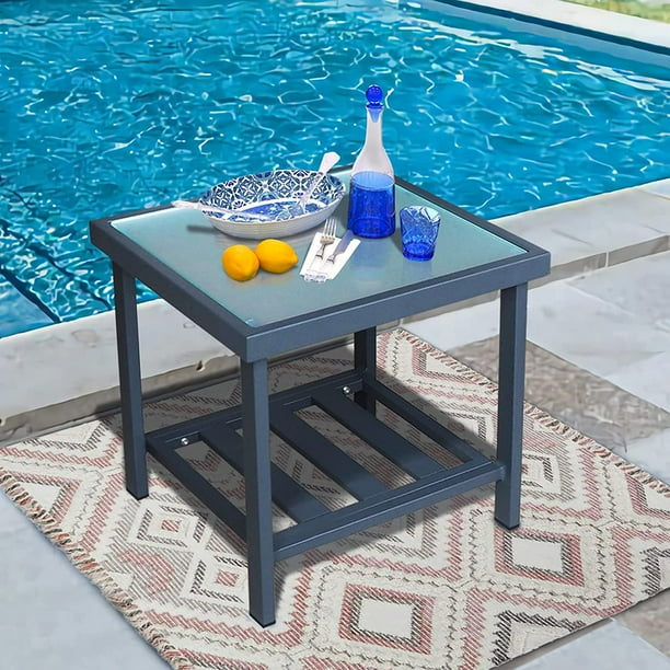Arttoreal Modern Square End Tables For Living Room Black Rustic Aluminum Outdoor Side Table With Storage Space Patio Tempered Glass Awesome Gift Com Rustic Aluminum Outdoor Side Table, Black Aluminum Outdoor End Table