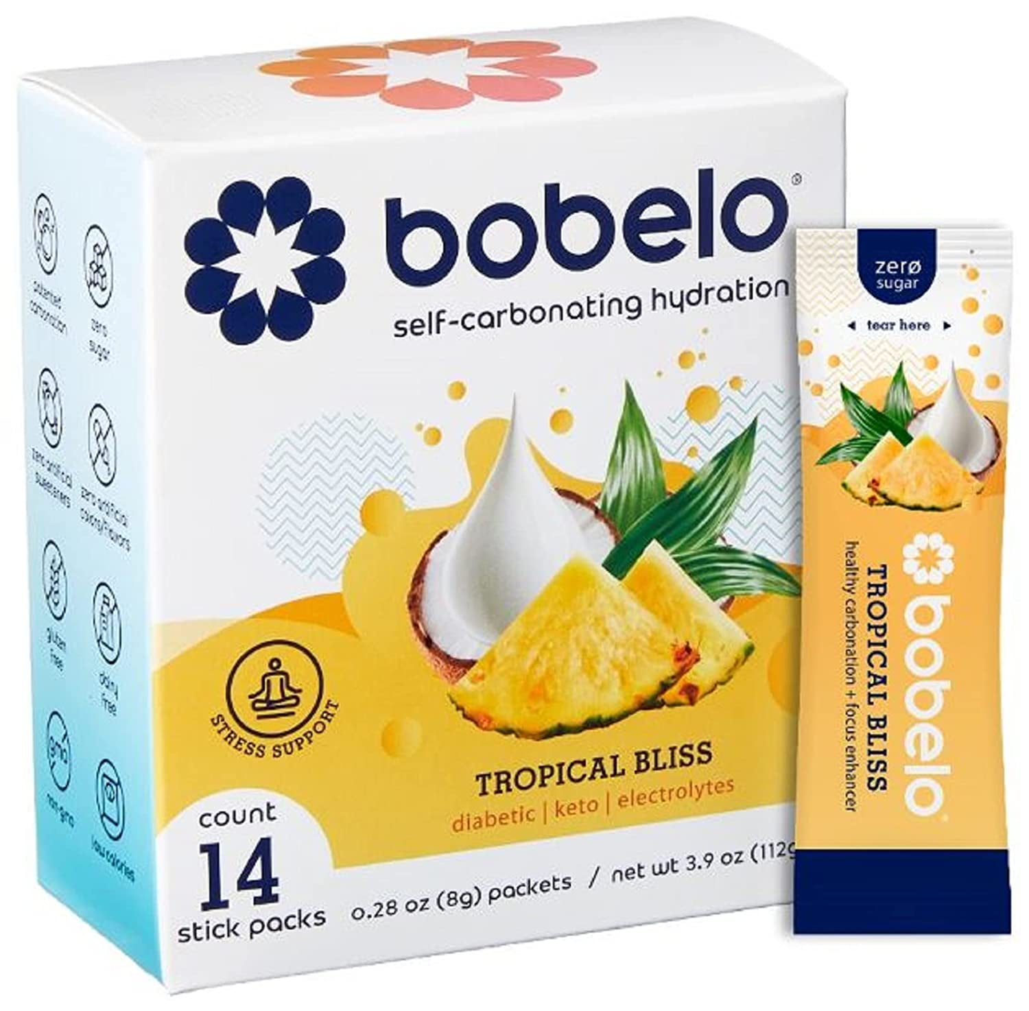 Bobelo Patented Sparkling Hydration + Relaxation Support, Essential Electrolytes, Herbal Extracts and Vitamins, Natural Tropical Bliss (Pineapple, Coconut, Vanilla), 14 count
