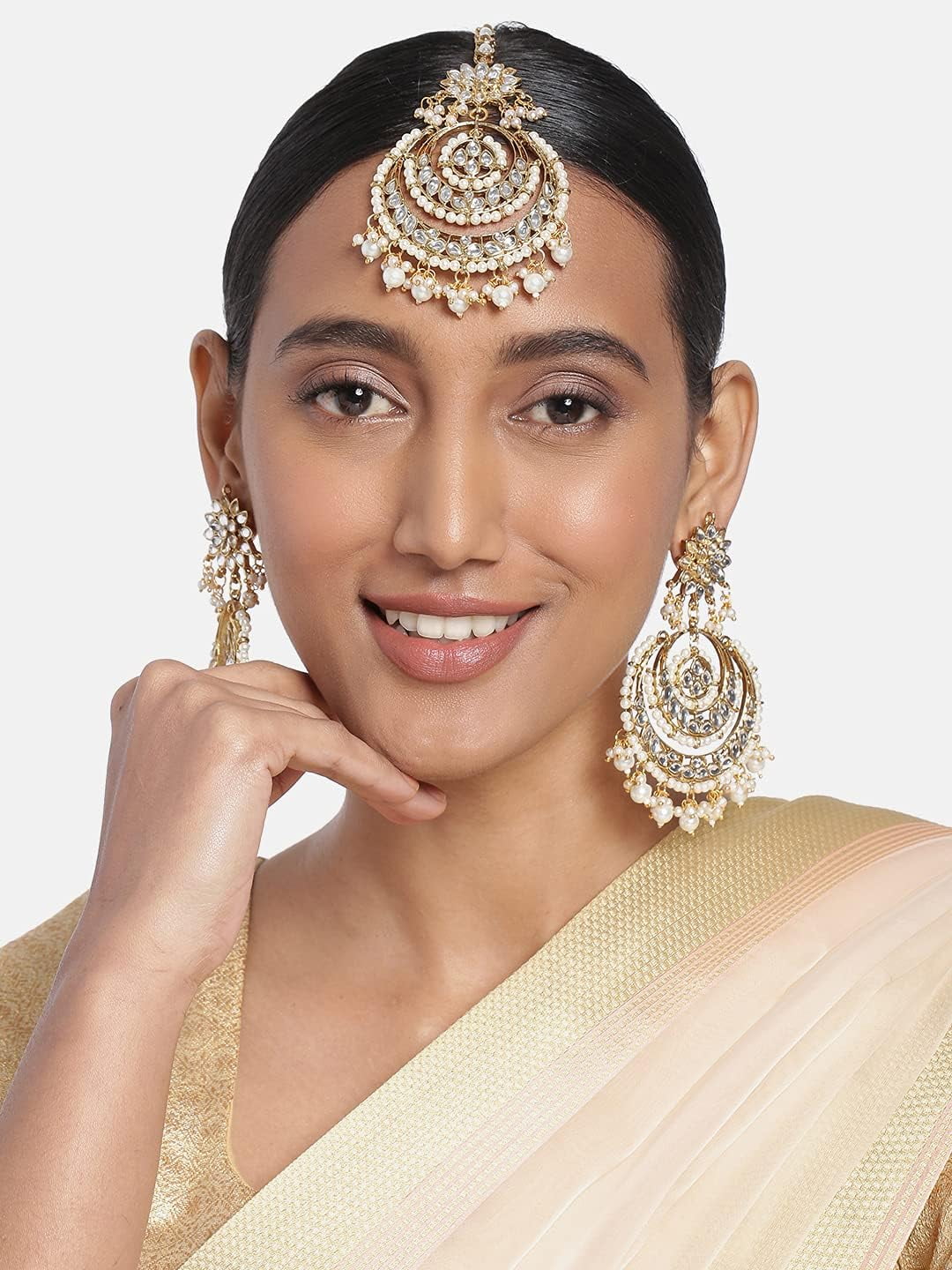 Bindiya kundan earrings and maangtikka - Peach – Rohika Store