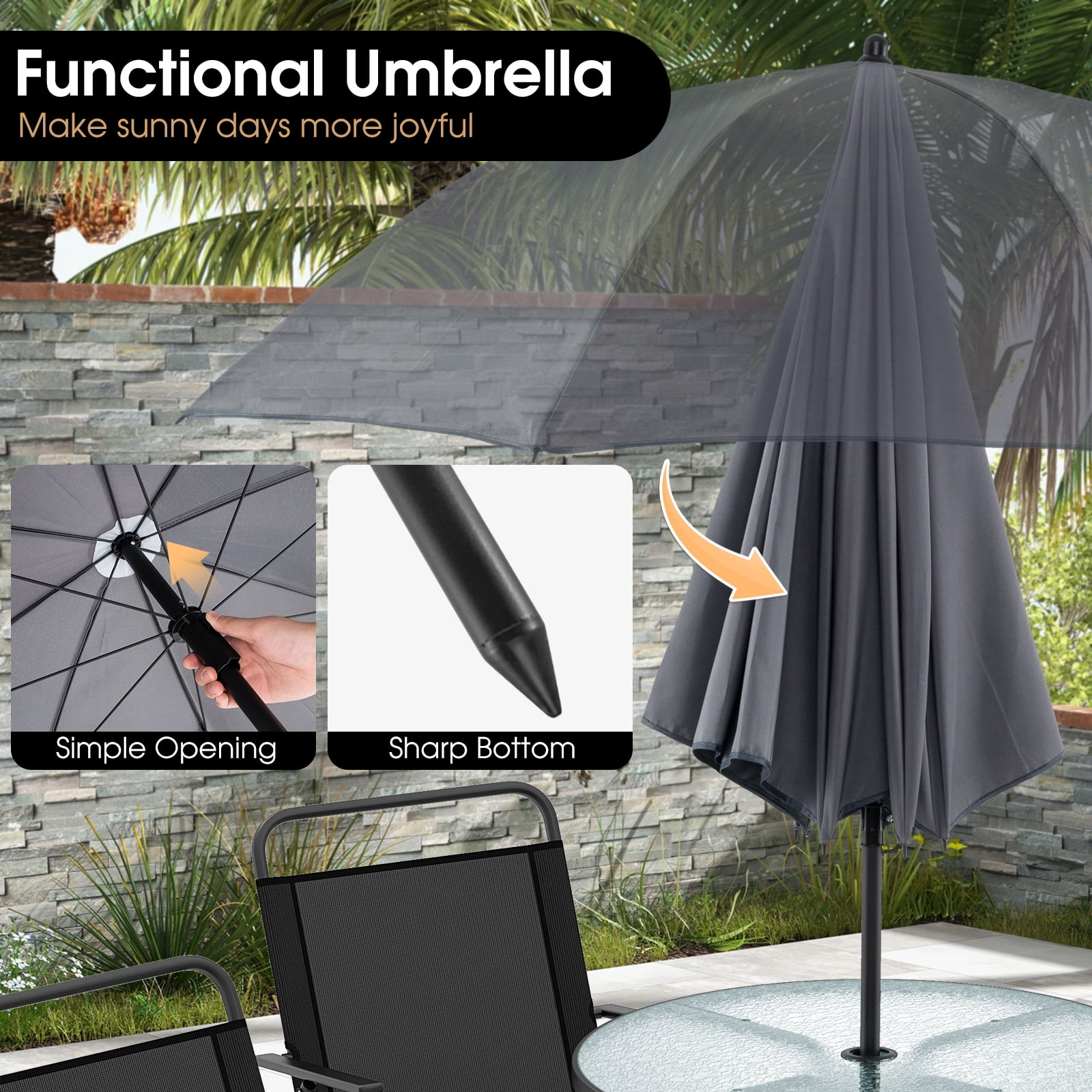 Kadyn All Weather Conversation Set, Dining Table Set, 6 Pieces Patio Dining Set Folding Chairs Glass Table Umbrella for Garden-Gray