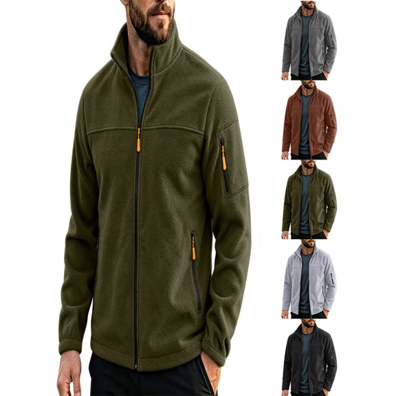 Men Jacket Stand Up Collar Zipper Top Solid Color Long Sleeve with Pocket Casual for Daily Warm Outerwear