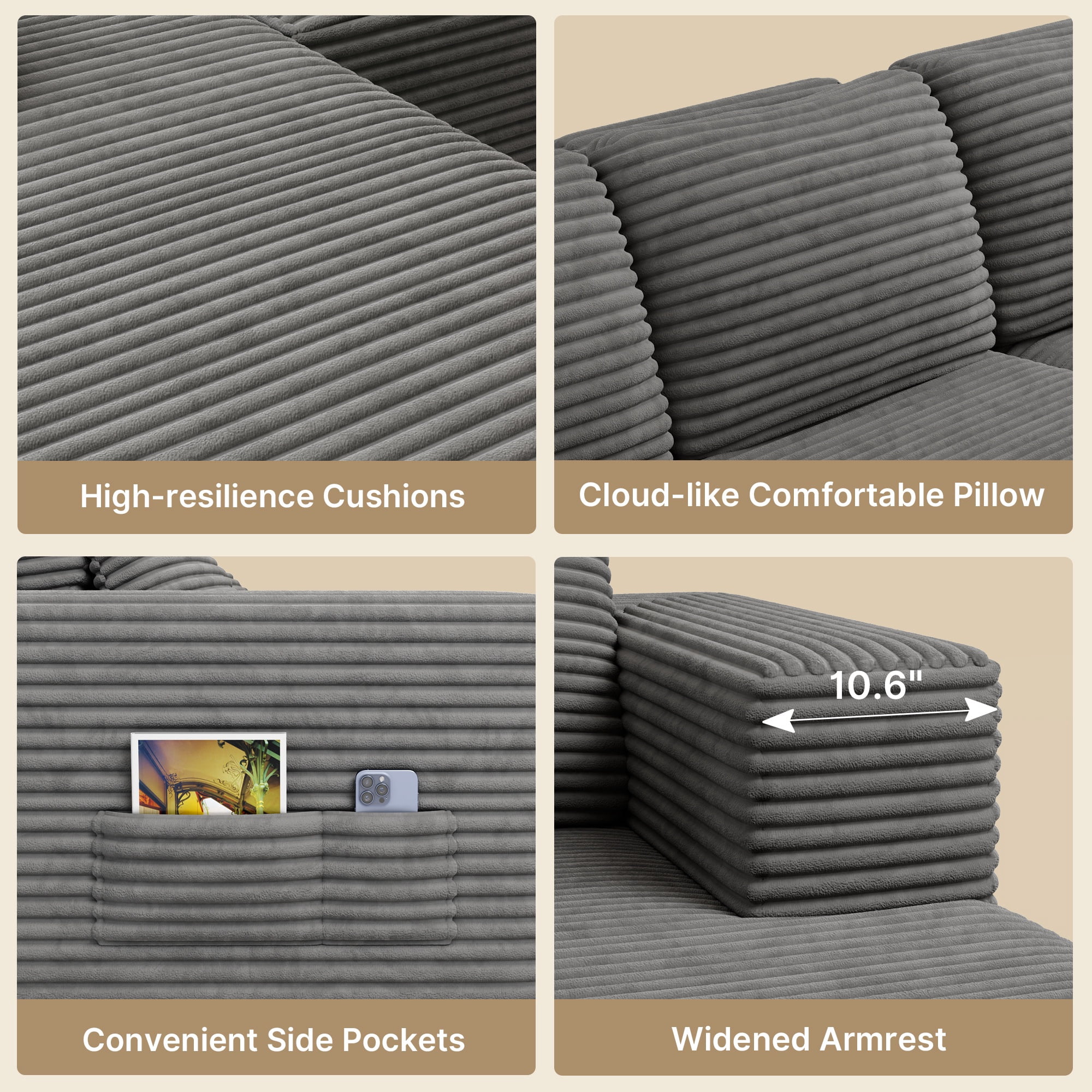 Cloud Sofa, 105" Couches for Living Room, L-Shaped Modular Sectional, No Assembly Boneless Deep Seat, Gray Corduroy