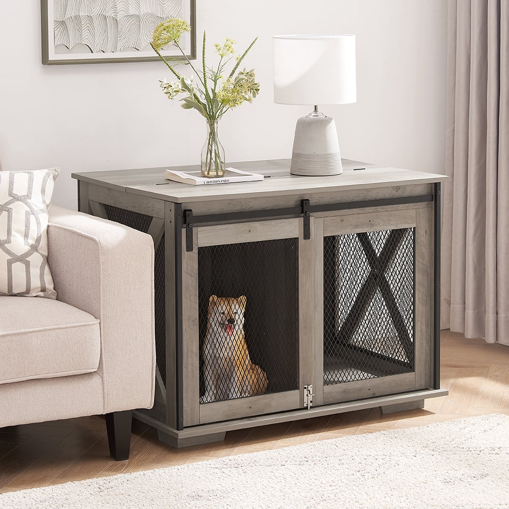 Resenkos Dog House, Pet House,Dog Cave,Farmhouse Dog Cage Crate Furniture with Sliding Barn Door, Farmhouse Wooden Dog Kennel End Table,Gray