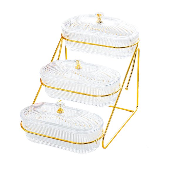 Xingzhi Plateau de Service à Fruits 3 Couches Support de Maison Décor Dessert pour Bonbons Noix Banquet Ambre Transparent 17.5x26.5x23cm