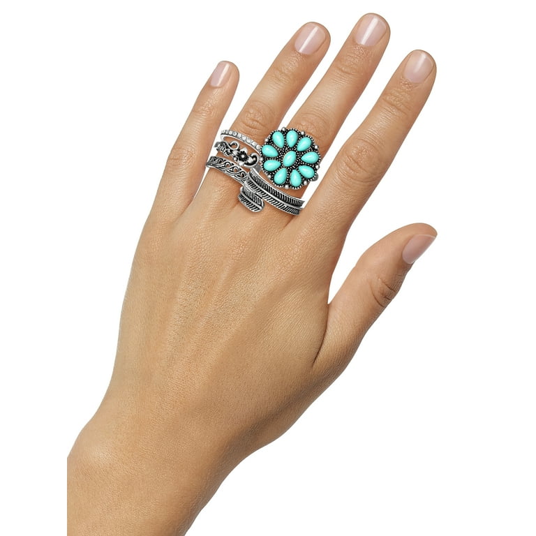 Jessica Simpson Faux silver tone, Turquoise Stone Ring Set, Set of