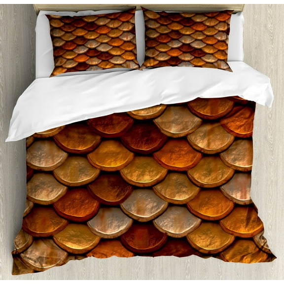 Vintage Duvet Cover Set Queen Size, Aged Scale Pattern with Medieval Inspirations Half Circles Design Ancient Armor, Decorative 3 Piece Bedding Set with 2 Pillow Shams, Multicolor, by Ambesonne