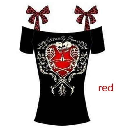 - Skull Print Women Sexy Punk T-shirt Summer Short Sleeve Bownot Top