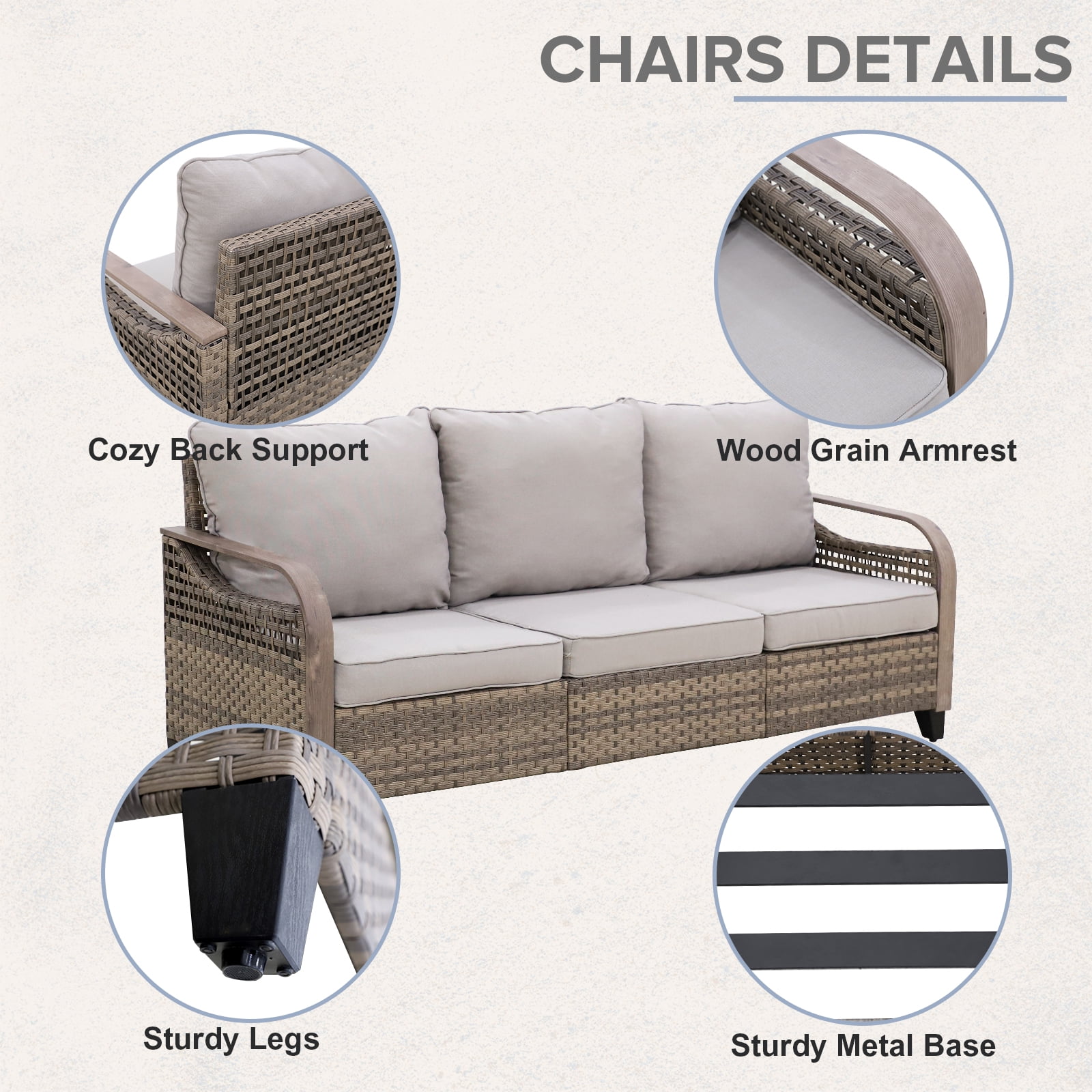 COOS BAY 4 Piece Brown Wicker Patio Sofa Set Outdoor Rattan Furniture Conversation Set 3-Seat Sofa, Dinning Chairs with Gray Cushions and Wood Grain Top Coffee Table