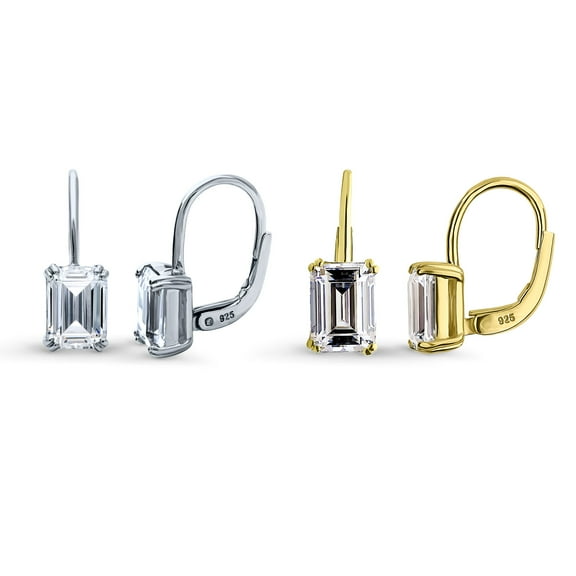 BERRICLE Sterling Silver Solitaire 4.8 Carat Emerald Cut Cubic Zirconia CZ Anniversary Dangle Drop Earrings for Women, Rhodium Plated and Yellow Gold Flashed, 2 Pairs