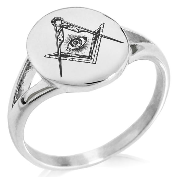 Tioneer Stainless Steel Freemasons Masonic Sacred Society Minimalist Oval Top Polished Statement Signet Ring