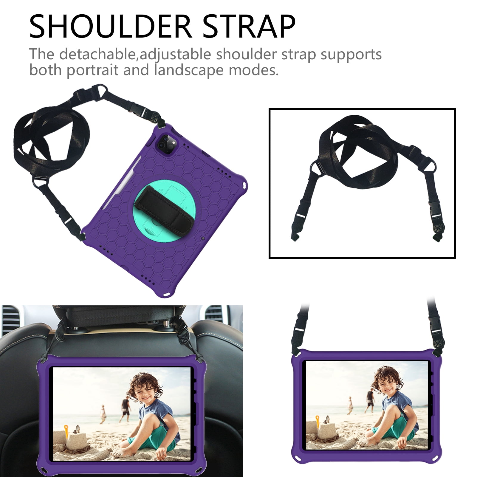 Allytech iPad Air 4th Gen Case, iPad Pro 11 2021 Case, iPad Pro 11 Case 2020/2018, Drop Protection Shockproof Shoulder Strap Pencil Holder Kickstand Case Cover for Apple iPad Air 4 10.9,Purple/Green