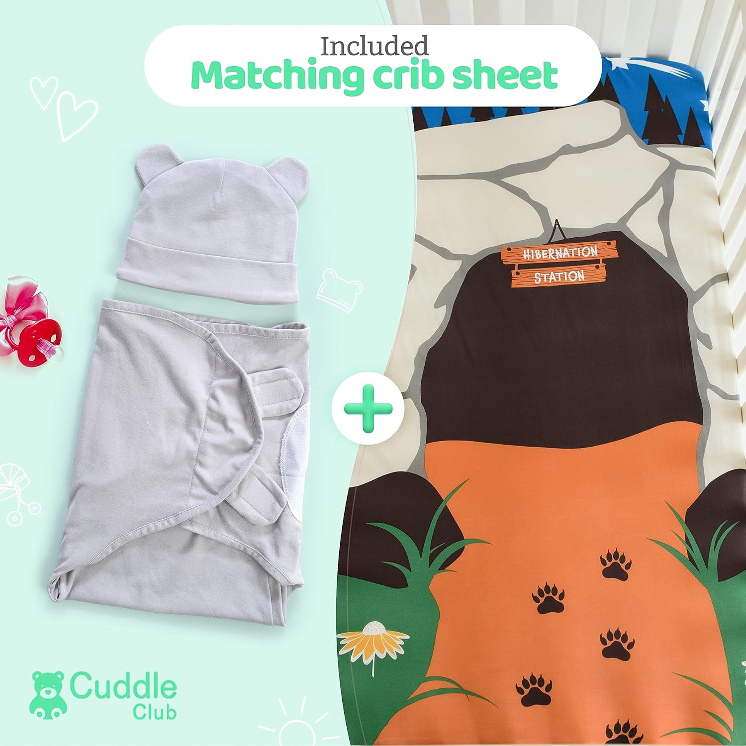 Cuddle Club Baby Wrap Swaddle Blanket Sleep Sack Bundle with Novelty Beanie Hat, Bear Large