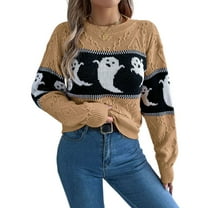 Defitshape Women's Halloween Knit Pullover Sweater Knitted Sweater Warm Spring Crewneck Fashion Loose Fit Drop Shoulder Short Knitwear Ghost Printed Long Sleeve Fall Top Khaki Large