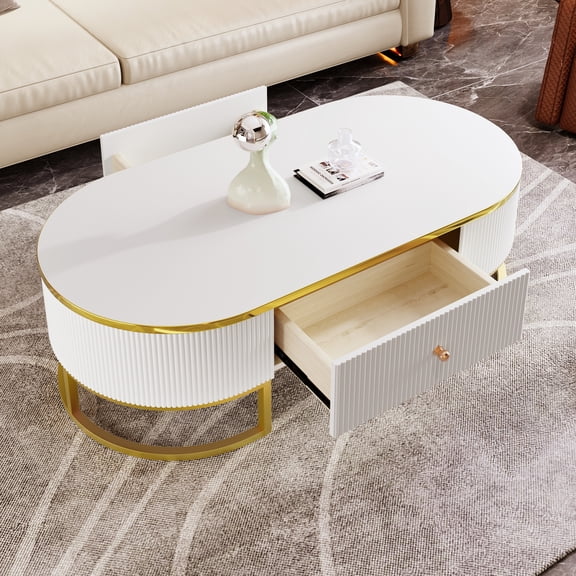 Modern Oval Coffee Table, Luxury Center Table With 2 Storage Drawers Gold Metal Legs For Living Room Office Apartment
