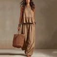 thumbnail image 2 of 2 Piece Sets for Women Cotton Linen Outfits Sleeveless Peplum Top Drawstring Wide Leg Pants Casual Summer Beach Loungewear Brown L, 2 of 3