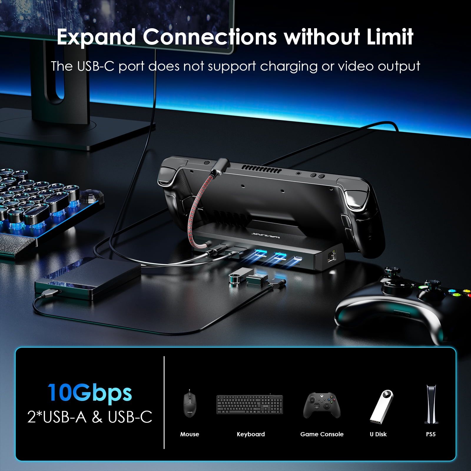 WAVLINK Steam Deck/ROG Dock, 6-in-1 Docking Station for Steam Deck/ROG, Steam Deck Accessories with 4K@144Hz/2K@165Hz/1080P@240Hz HDMI 2.0, 100W PD IN(85W for Host), 3x 10G USB 3.2, Gigabit RJ45