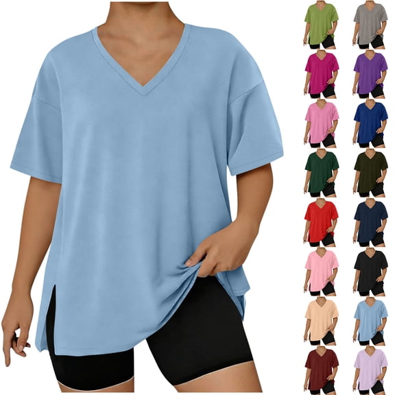 QIUOMBBP Womens Plus Size T Shirts Short Sleeve V Neck Split Side Solid Shirt Relaxed Fit Casual Summer Beach Tops Light Blue L