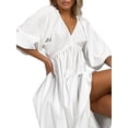 thumbnail image 4 of Women'S V Neck Short Puff Sleeve A Line Midi Dress White M, 4 of 8