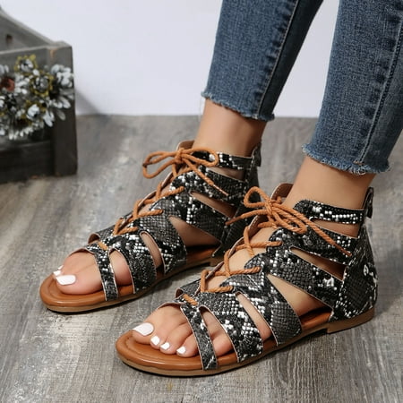 

bvgfsahne Ladies Fashion Summer Pattern Print Leather Lace Up Open Toe Back Zipper Flat Sandals