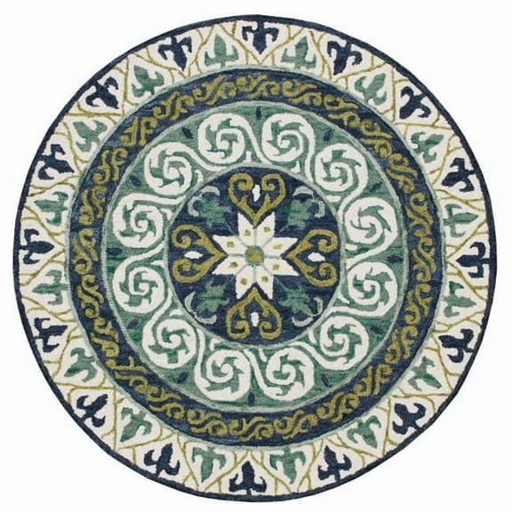 5 ft. Round Blue & Green Ornate Medallion Area Rug