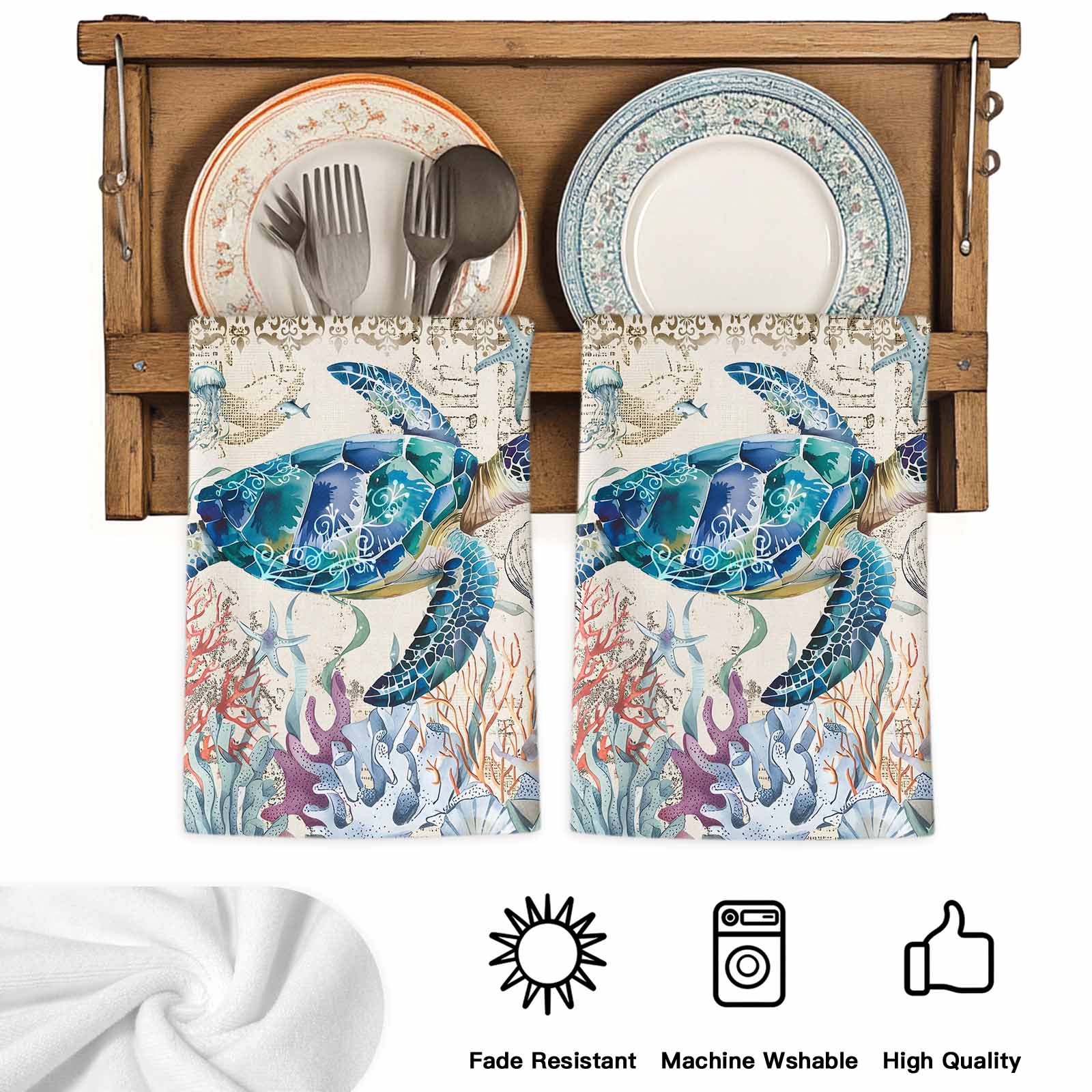 Dish Towels, Sea Turtle Absorbent Kitchen Towels 2 PCS, Vintage Ocean Coral Seagrass Microfiber Hand Towels Dish Cloths Tea Towels for Home&nbsp;Bathroom Cleaning Drying,18X28-Inch,