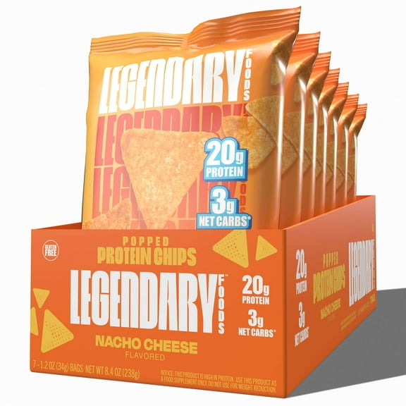 Legendary Foods Nacho Cheese Popped Protein Chips 7 Pack, High Protein Low Carb Snack, 1.2 oz Bags