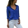 thumbnail image 2 of Goodtrade8 Solid Color Tops for Womens Outing Blue Button V-Neck Casual Long Sleeve Fall Shirts Plus Size Women, 2 of 6