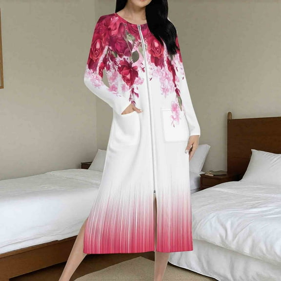 Fewfanhot Women's Long Flannel Robe Floral Printed Knee Length Zipper Bedroom Lounging Bathrobes Cozy Sleepwear Comfort Housecoat