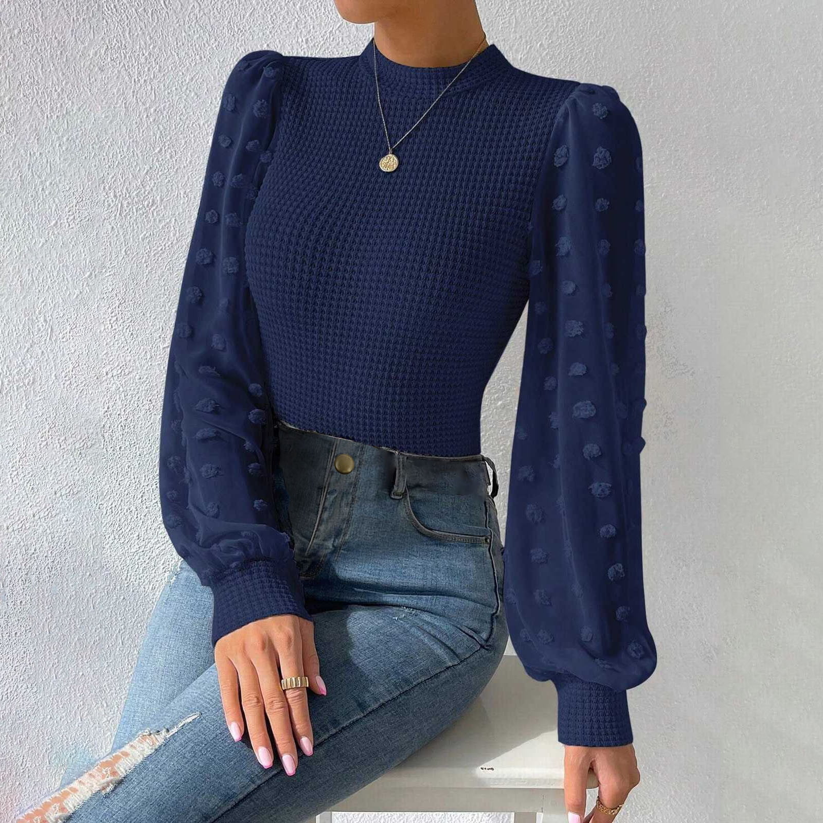 Prolriy Summer Tops for Women 2024 Women's Mesh Daily Fashion Crew Neck Regular Fitted T Shirt Women's Boho Dot Sleeve Blouse Womens Tops Blue2 L