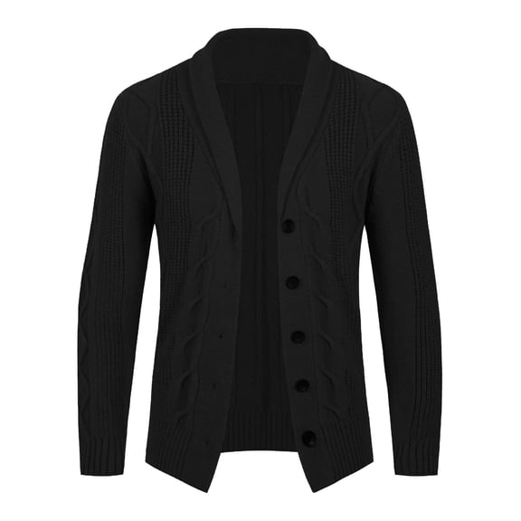 Mens Casual Sweaters Cardigan Long Sleeve Shawl Collar Jackets Buttons Down Cable Knit Sweatshirts Tops with Pockets (L, Black)