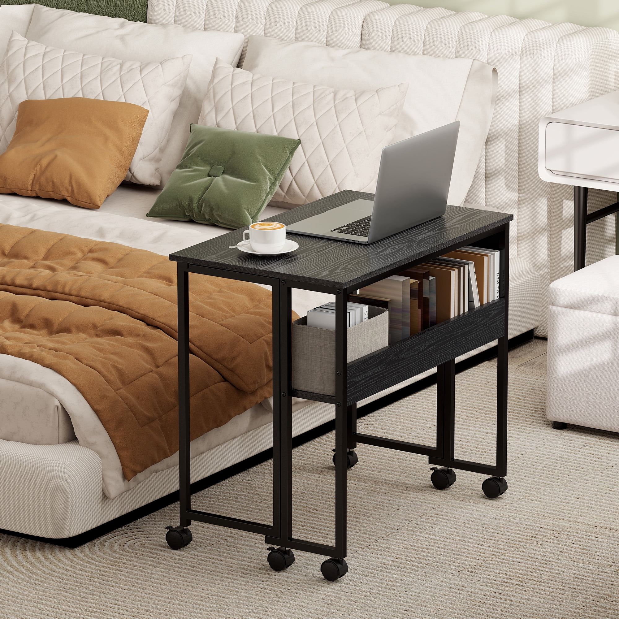HOMCOM Small Folding Desk, 31.5" Foldable Computer Desk with Storage Bag, Shelf and Wheels for Small Spaces, Home Office, Easy Assembly, Black