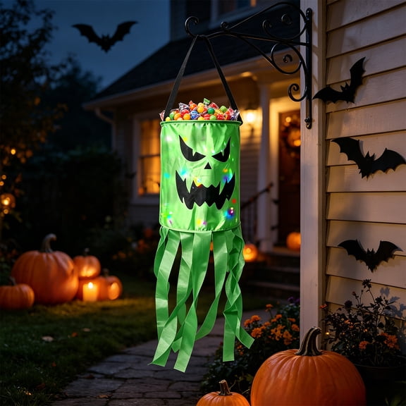LED Lighted Halloween Pumpkin Candy Bucket with Streamers for Kids Trick or Treat Party Hanging Decor(Green)